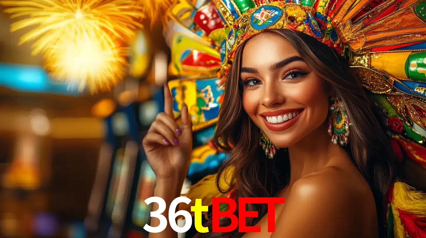 Mulher sorridente com um cocar de carnaval vibrante e colorido, celebrando uma grande vitória nos jogos do cassino 36tbet com fogos de artifício ao fundo.