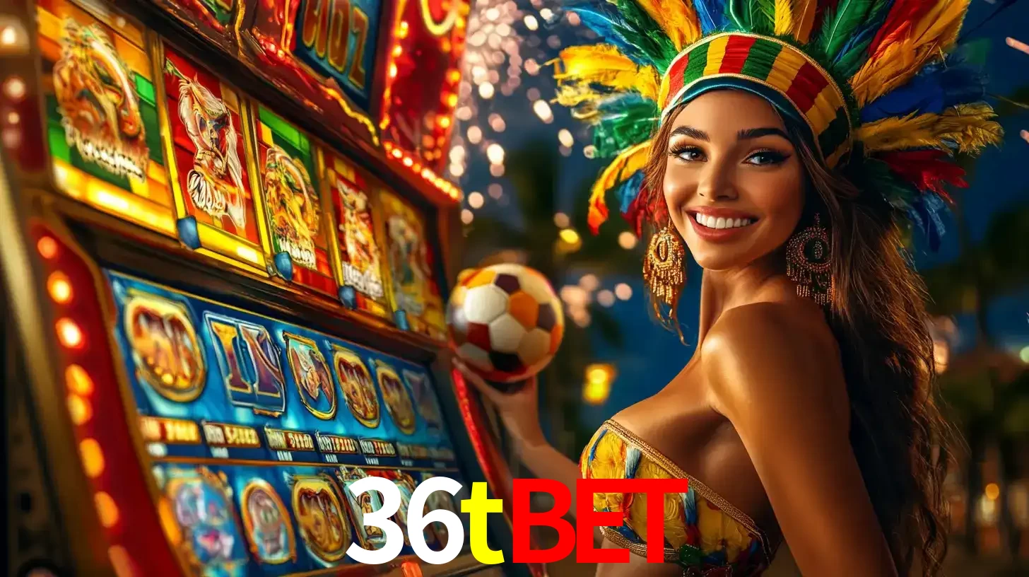 Mulher com um cocar de carnaval ao lado de uma máquina de caça-níqueis enquanto segura uma bola de futebol, mostrando a união da diversão de cassino e esportes no 36tbet.