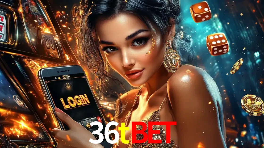 Mulher glamourosa segurando um celular com a tela de login do cassino 36tbet, rodeada por dados e moedas douradas, pronta para começar a diversão.