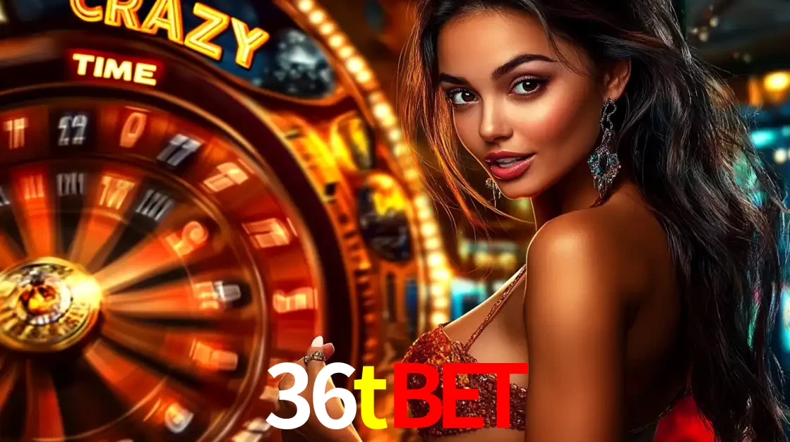 Mulher ao lado da roda de prêmios do jogo de cassino ao vivo Crazy Time, um dos shows de jogos mais emocionantes oferecidos pela plataforma de apostas 36tbet.