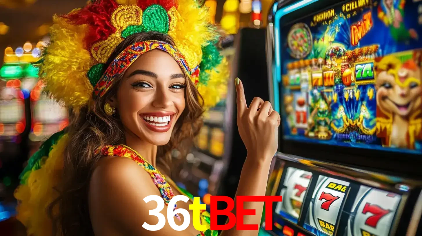 Mulher animada com um cocar de carnaval apontando para uma máquina de caça-níqueis, mostrando a emoção de ganhar um grande prêmio nos jogos do 36tbet.
