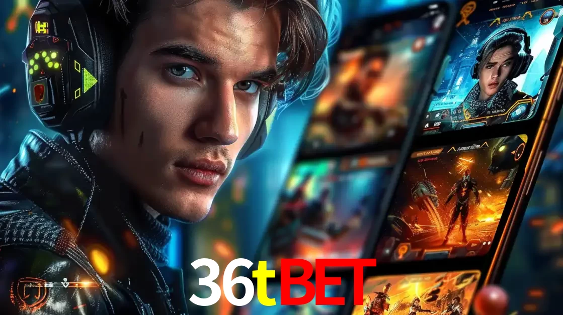 Jovem jogador com fones de ouvido olhando para a câmera, com um aplicativo de jogos e e-sports para celular ao fundo, pronto para a competição e apostas no 36tbet.