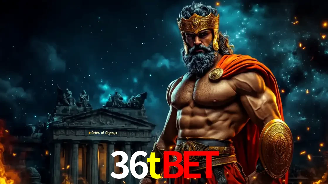 O poderoso Zeus do jogo de slot Gates of Olympus em frente ao seu templo, pronto para lançar multiplicadores divinos e prêmios épicos no cassino online 36tbet.
