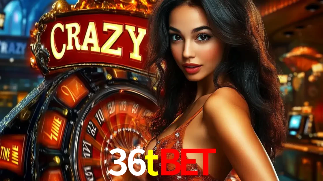 Mulher glamourosa olhando para a câmera com a roda vermelha do Crazy Time ao fundo em um ambiente de cassino, destacando a emoção dos jogos ao vivo no 36tbet.