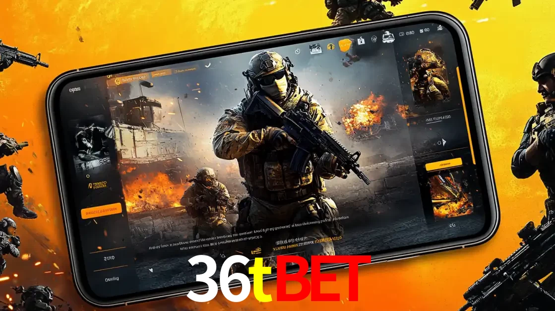 Um smartphone exibindo a interface de um jogo de tiro em primeira pessoa, com um soldado em um cenário de batalha, representando a ação dos e-sports para apostar no 36tbet.