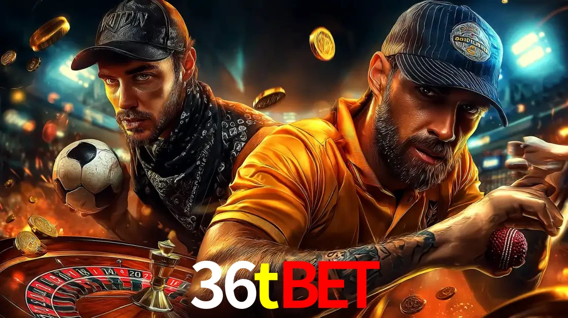Montagem de apostas esportivas e cassino no 36tbet, com um homem segurando uma bola de futebol e outro uma de beisebol sobre uma roleta e moedas voadoras.