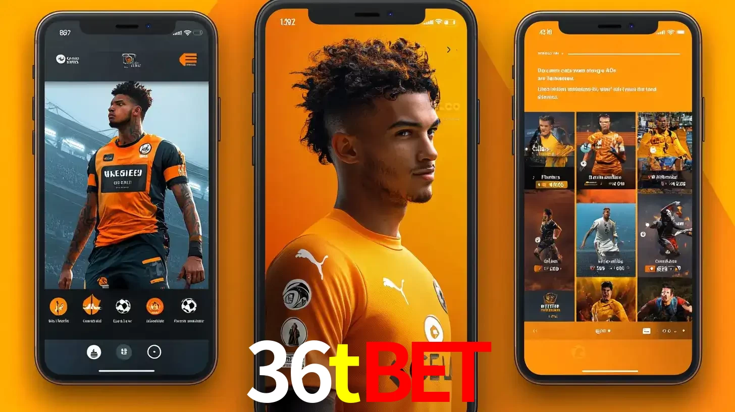 Interface do aplicativo de apostas esportivas 36tbet em três telas de celular, mostrando o perfil de um jogador de futebol e a lista de jogos disponíveis para apostar.