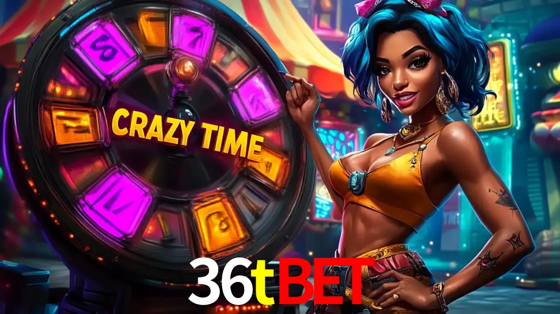 Mulher estilizada com cabelo azul e visual vibrante posando ao lado da roda de prêmios do game show Crazy Time, convidando para a diversão e os bônus do cassino 36tbet.