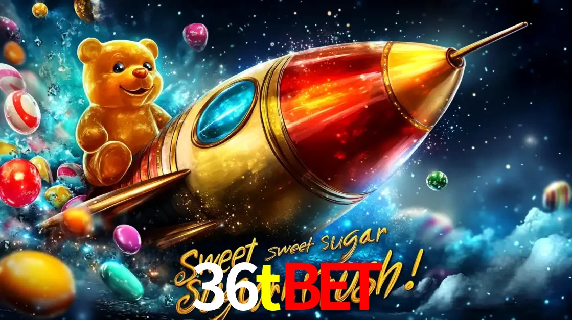 Arte promocional do jogo de slot Sugar Rush, com um urso de pelúcia em um foguete viajando pelo espaço de doces, um dos jogos divertidos disponíveis no cassino 36tbet.