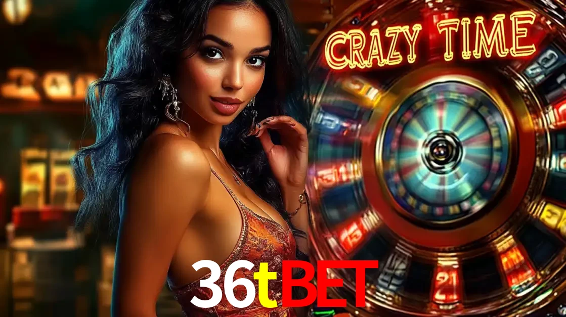 Mulher elegante ao lado da vibrante roda da fortuna do jogo de cassino ao vivo Crazy Time, um dos game shows mais populares e cheios de prêmios do 36tbet.
