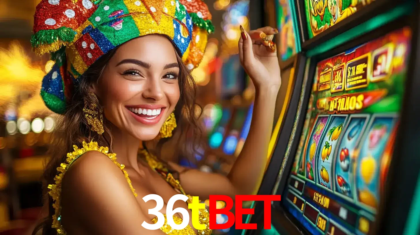 Mulher feliz com traje de carnaval amarelo e colorido ao lado de uma máquina de caça-níqueis, aproveitando a diversão e os jogos temáticos do cassino 36tbet.