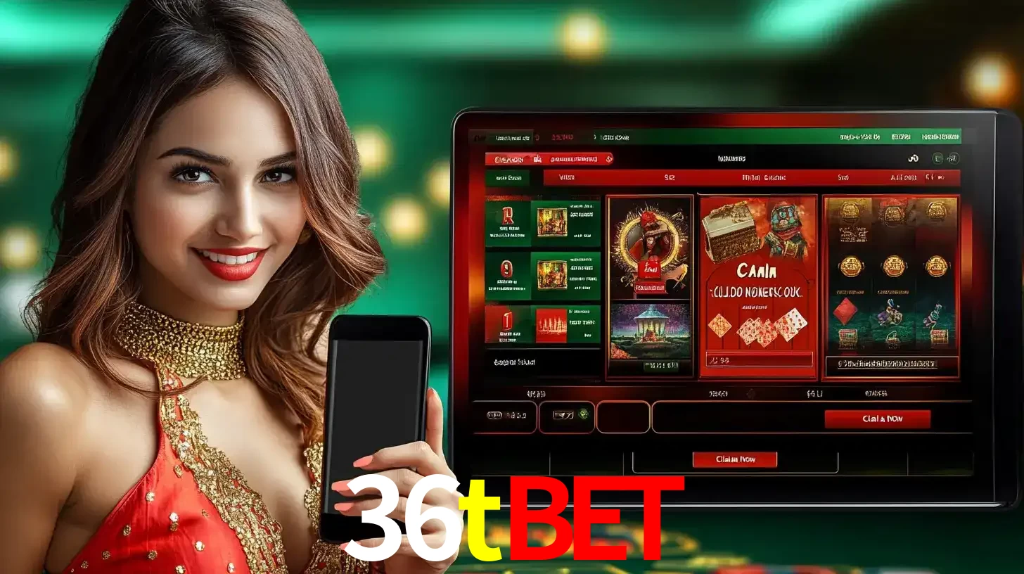 Mulher sorridente segurando um smartphone, ao lado de uma tela exibindo o lobby de jogos do cassino online 36tbet, com várias opções de jogos de cartas e slots.
